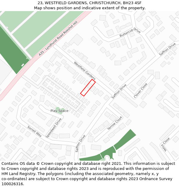 23, WESTFIELD GARDENS, CHRISTCHURCH, BH23 4SF: Location map and indicative extent of plot