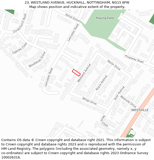 23, WESTLAND AVENUE, HUCKNALL, NOTTINGHAM, NG15 6FW: Location map and indicative extent of plot