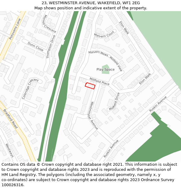 23, WESTMINSTER AVENUE, WAKEFIELD, WF1 2EG: Location map and indicative extent of plot