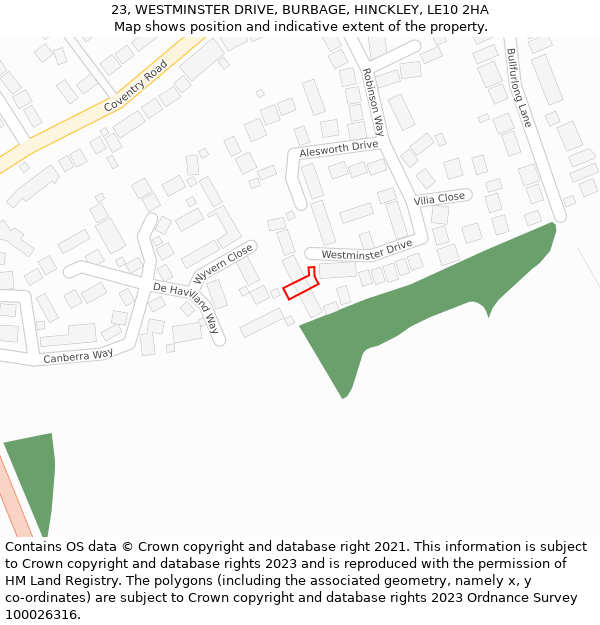 23, WESTMINSTER DRIVE, BURBAGE, HINCKLEY, LE10 2HA: Location map and indicative extent of plot