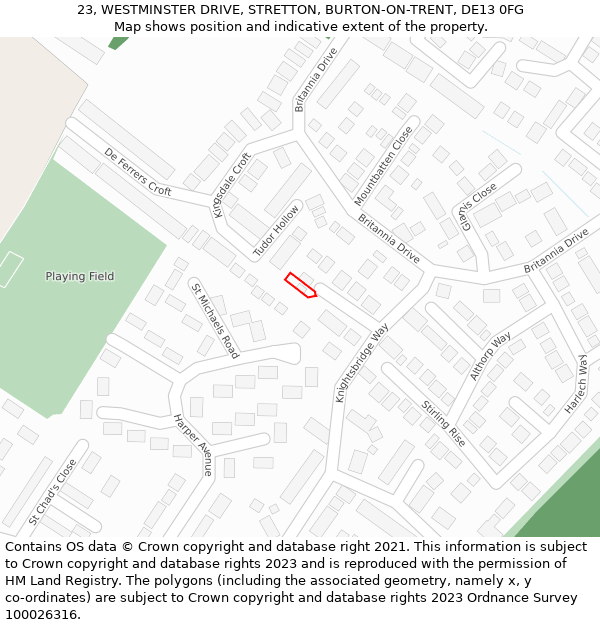 23, WESTMINSTER DRIVE, STRETTON, BURTON-ON-TRENT, DE13 0FG: Location map and indicative extent of plot