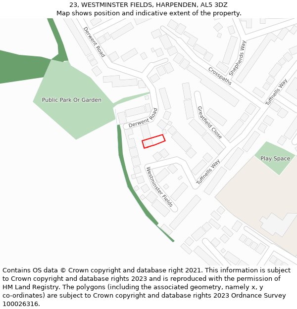 23, WESTMINSTER FIELDS, HARPENDEN, AL5 3DZ: Location map and indicative extent of plot