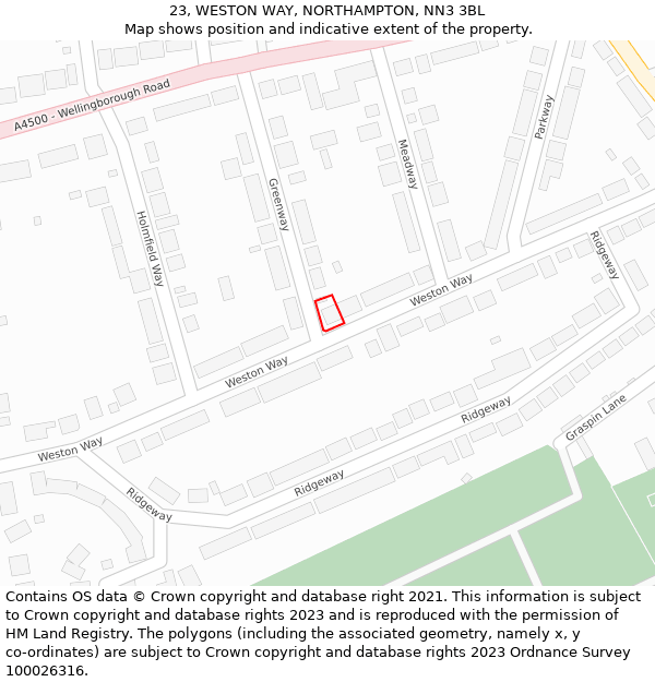 23, WESTON WAY, NORTHAMPTON, NN3 3BL: Location map and indicative extent of plot