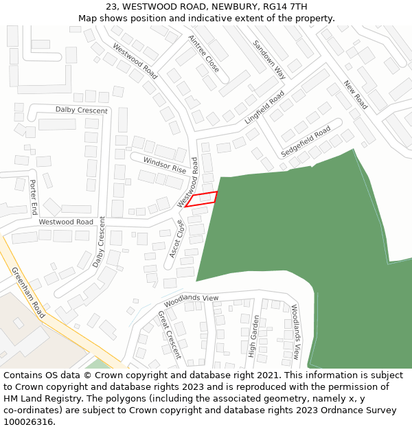 23, WESTWOOD ROAD, NEWBURY, RG14 7TH: Location map and indicative extent of plot