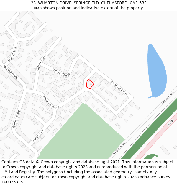 23, WHARTON DRIVE, SPRINGFIELD, CHELMSFORD, CM1 6BF: Location map and indicative extent of plot