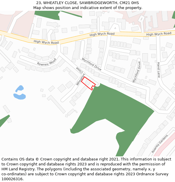 23, WHEATLEY CLOSE, SAWBRIDGEWORTH, CM21 0HS: Location map and indicative extent of plot