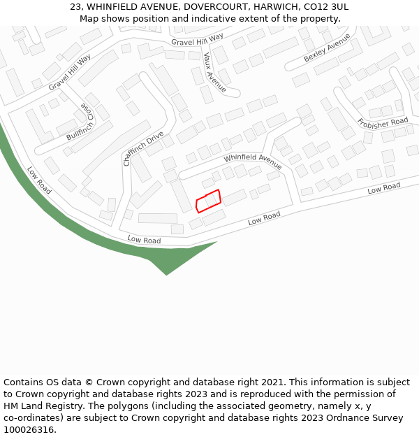 23, WHINFIELD AVENUE, DOVERCOURT, HARWICH, CO12 3UL: Location map and indicative extent of plot