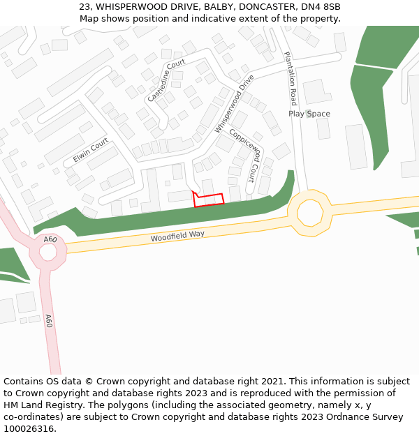 23, WHISPERWOOD DRIVE, BALBY, DONCASTER, DN4 8SB: Location map and indicative extent of plot