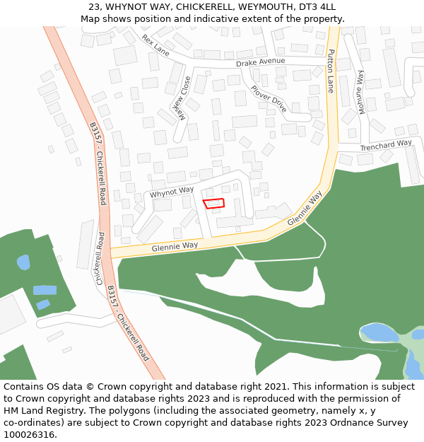 23, WHYNOT WAY, CHICKERELL, WEYMOUTH, DT3 4LL: Location map and indicative extent of plot