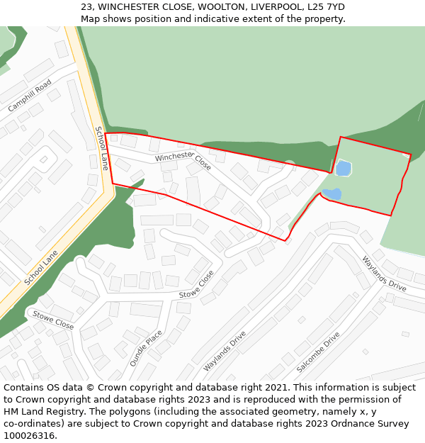 23, WINCHESTER CLOSE, WOOLTON, LIVERPOOL, L25 7YD: Location map and indicative extent of plot
