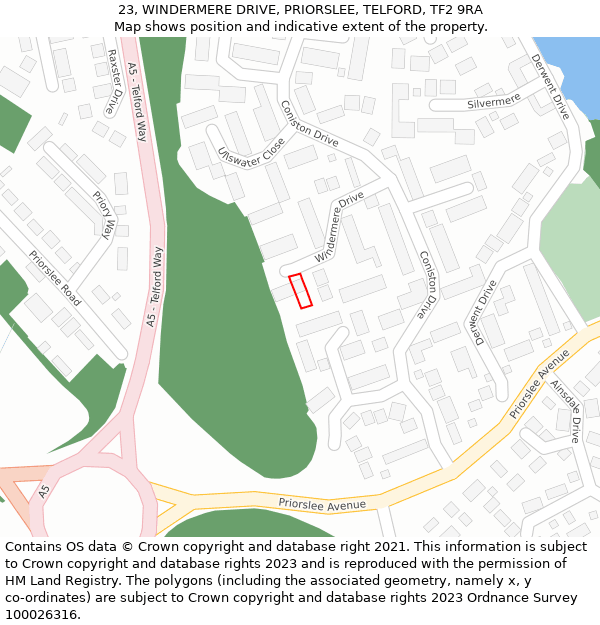23, WINDERMERE DRIVE, PRIORSLEE, TELFORD, TF2 9RA: Location map and indicative extent of plot