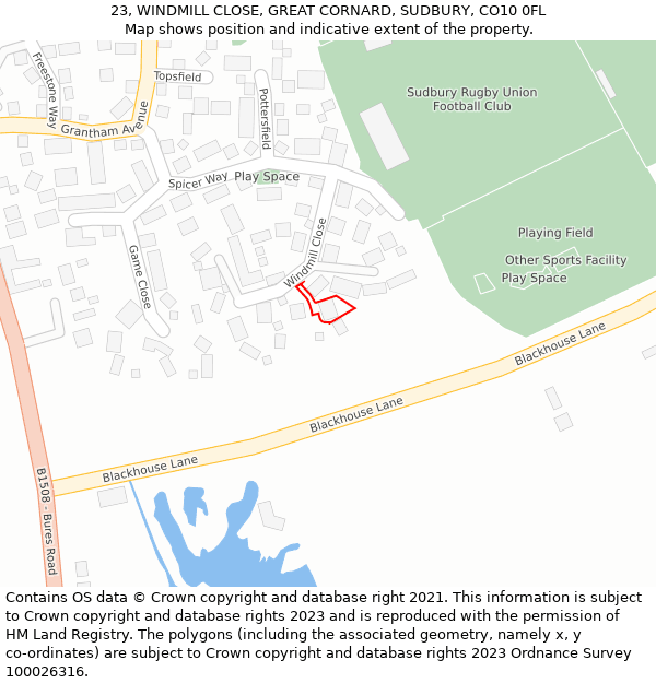 23, WINDMILL CLOSE, GREAT CORNARD, SUDBURY, CO10 0FL: Location map and indicative extent of plot