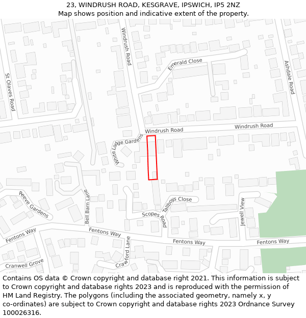 23, WINDRUSH ROAD, KESGRAVE, IPSWICH, IP5 2NZ: Location map and indicative extent of plot