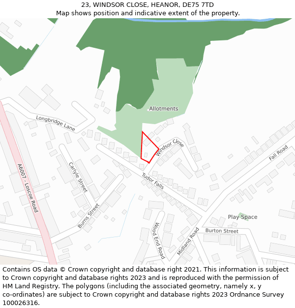 23, WINDSOR CLOSE, HEANOR, DE75 7TD: Location map and indicative extent of plot