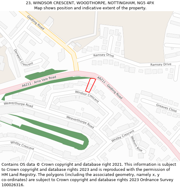 23, WINDSOR CRESCENT, WOODTHORPE, NOTTINGHAM, NG5 4PX: Location map and indicative extent of plot