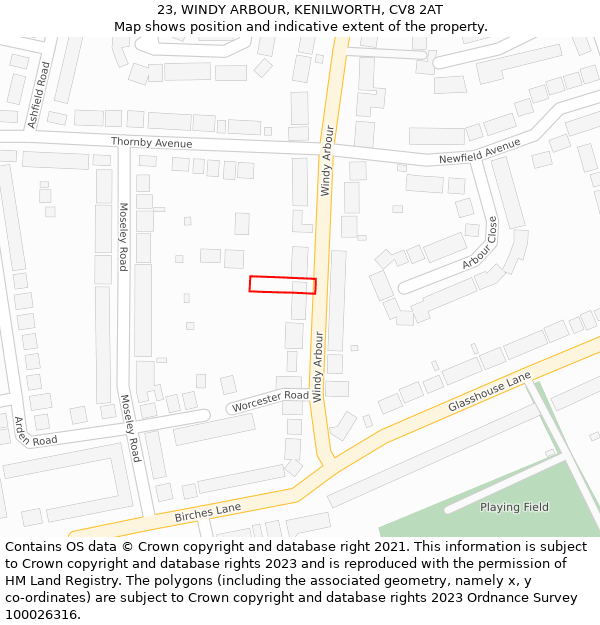 23, WINDY ARBOUR, KENILWORTH, CV8 2AT: Location map and indicative extent of plot