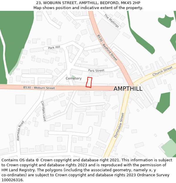 23, WOBURN STREET, AMPTHILL, BEDFORD, MK45 2HP: Location map and indicative extent of plot