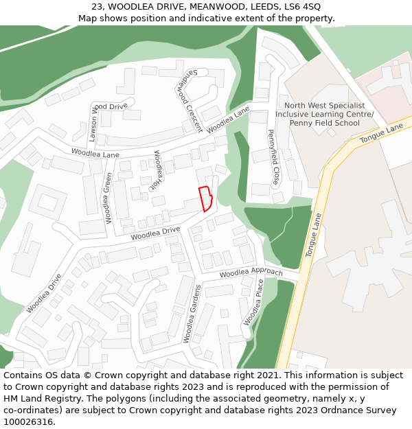 23, WOODLEA DRIVE, MEANWOOD, LEEDS, LS6 4SQ: Location map and indicative extent of plot