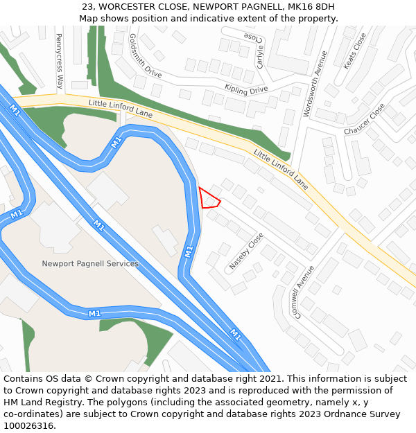 23, WORCESTER CLOSE, NEWPORT PAGNELL, MK16 8DH: Location map and indicative extent of plot