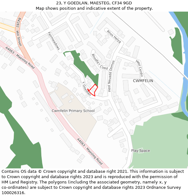 23, Y GOEDLAN, MAESTEG, CF34 9GD: Location map and indicative extent of plot