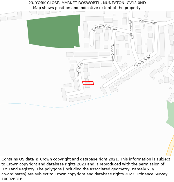 23, YORK CLOSE, MARKET BOSWORTH, NUNEATON, CV13 0ND: Location map and indicative extent of plot