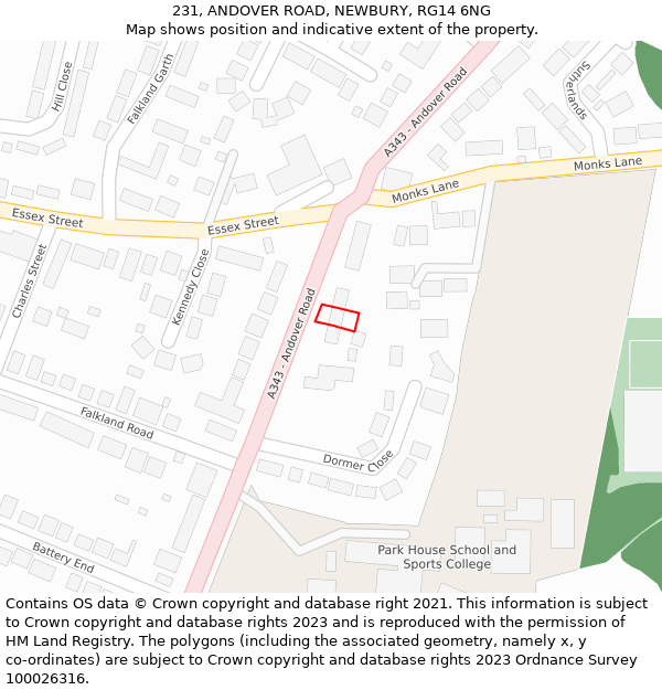 231, ANDOVER ROAD, NEWBURY, RG14 6NG: Location map and indicative extent of plot