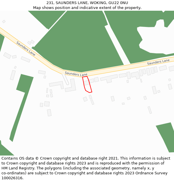 231, SAUNDERS LANE, WOKING, GU22 0NU: Location map and indicative extent of plot