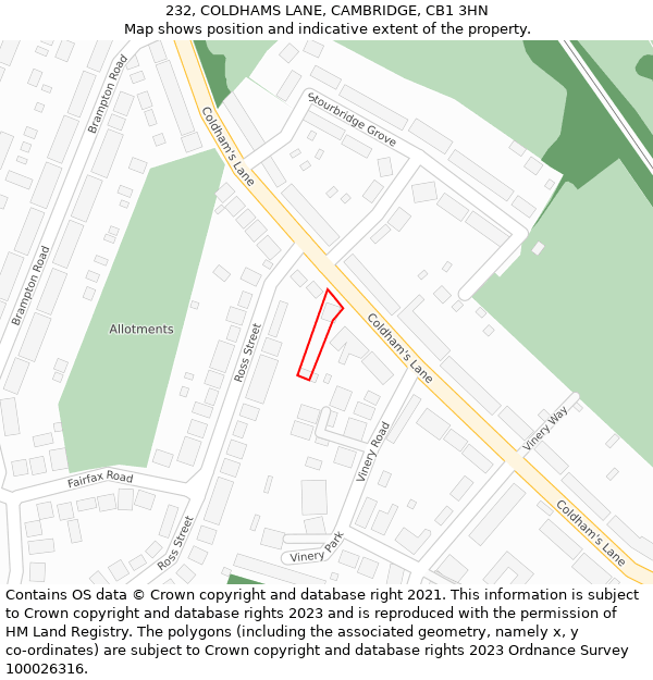 232, COLDHAMS LANE, CAMBRIDGE, CB1 3HN: Location map and indicative extent of plot