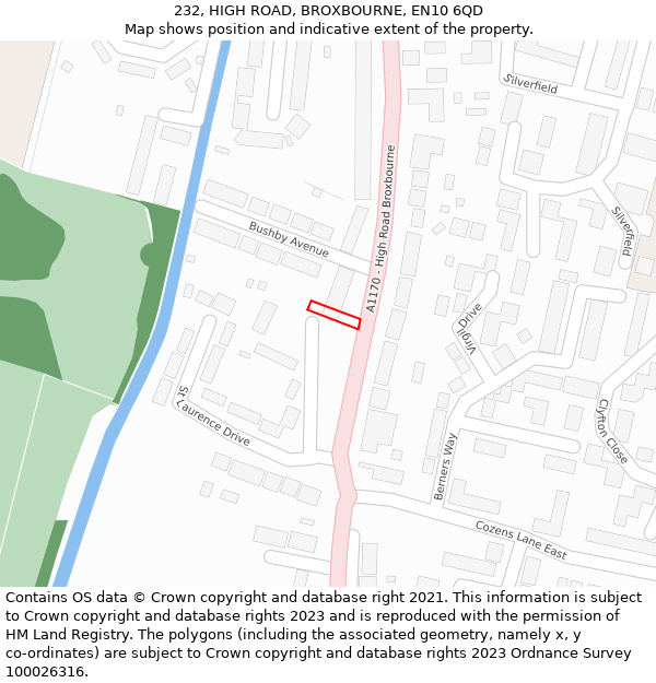 232, HIGH ROAD, BROXBOURNE, EN10 6QD: Location map and indicative extent of plot