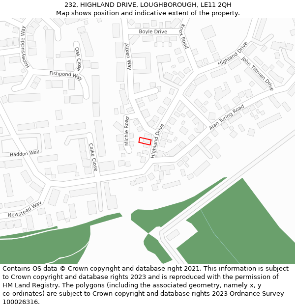 232, HIGHLAND DRIVE, LOUGHBOROUGH, LE11 2QH: Location map and indicative extent of plot