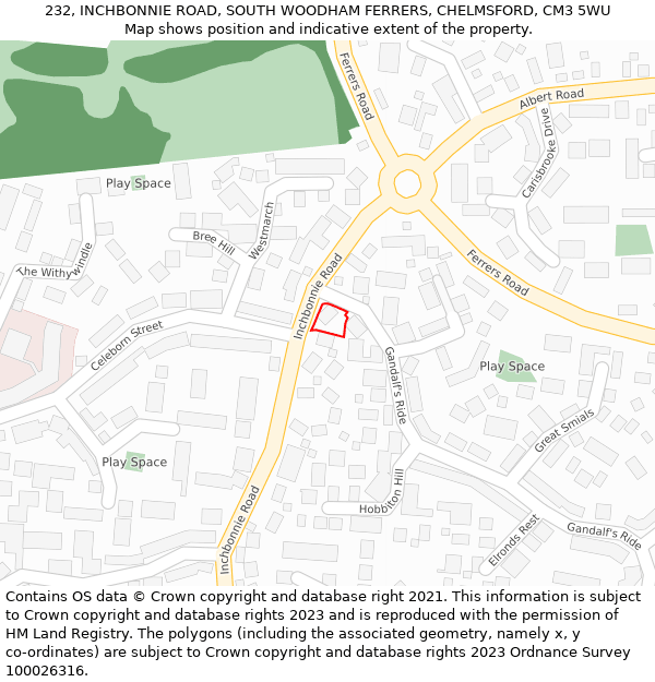 232, INCHBONNIE ROAD, SOUTH WOODHAM FERRERS, CHELMSFORD, CM3 5WU: Location map and indicative extent of plot