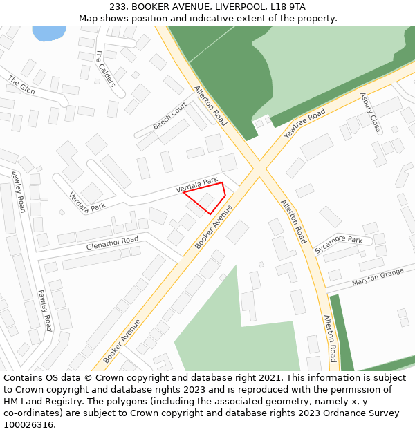 233, BOOKER AVENUE, LIVERPOOL, L18 9TA: Location map and indicative extent of plot