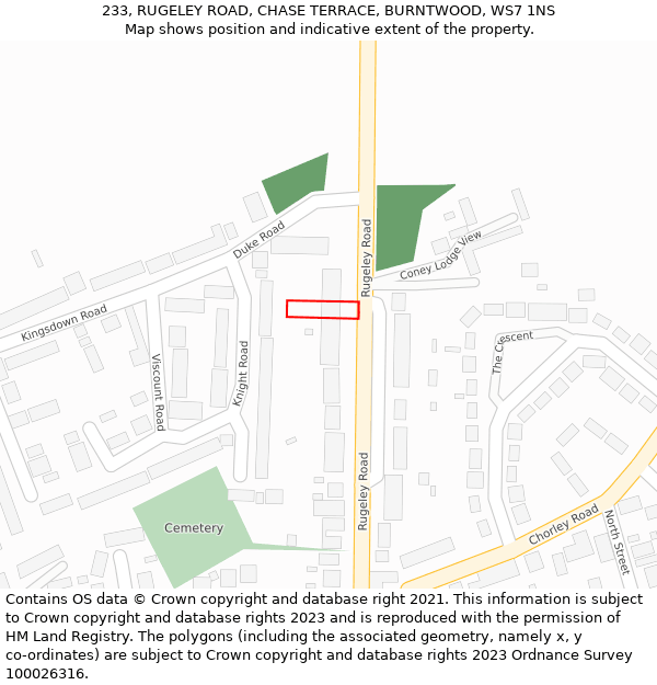 233, RUGELEY ROAD, CHASE TERRACE, BURNTWOOD, WS7 1NS: Location map and indicative extent of plot