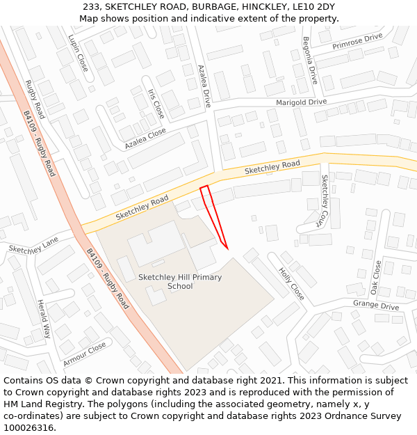 233, SKETCHLEY ROAD, BURBAGE, HINCKLEY, LE10 2DY: Location map and indicative extent of plot