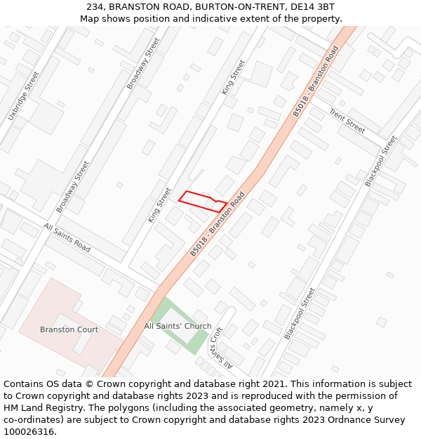 234, BRANSTON ROAD, BURTON-ON-TRENT, DE14 3BT: Location map and indicative extent of plot