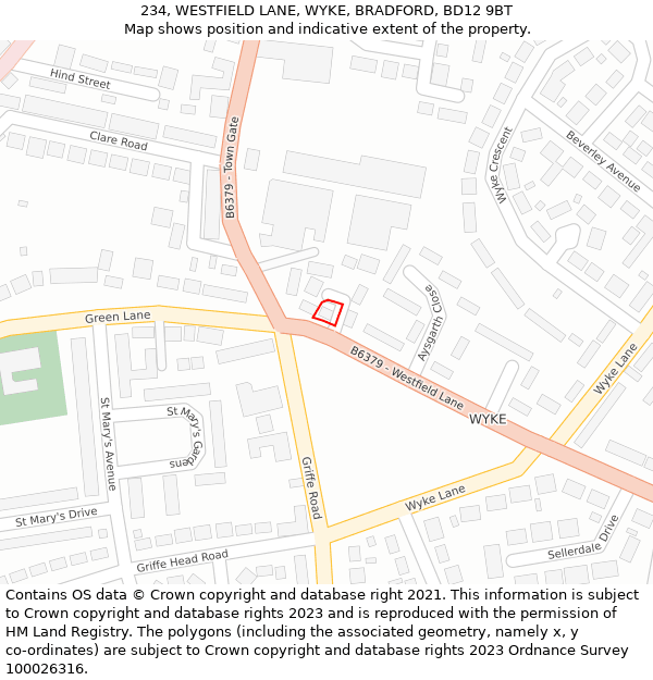 234, WESTFIELD LANE, WYKE, BRADFORD, BD12 9BT: Location map and indicative extent of plot