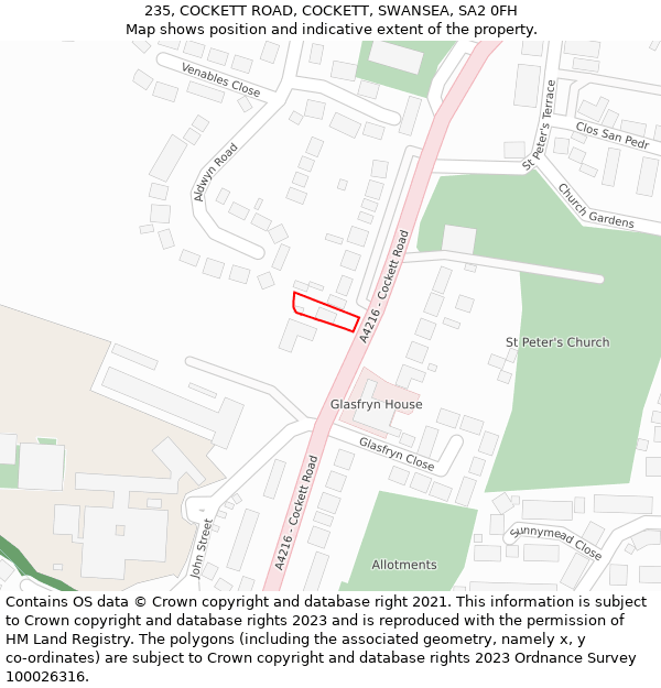 235, COCKETT ROAD, COCKETT, SWANSEA, SA2 0FH: Location map and indicative extent of plot