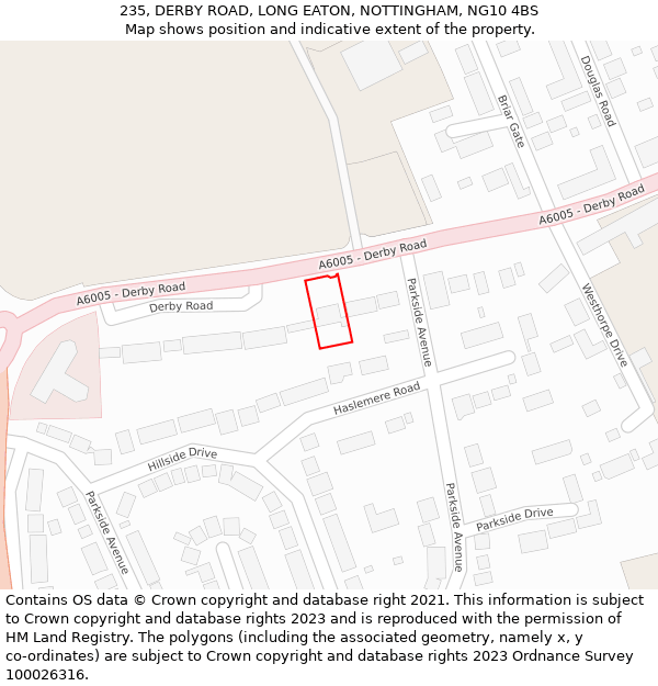 235, DERBY ROAD, LONG EATON, NOTTINGHAM, NG10 4BS: Location map and indicative extent of plot