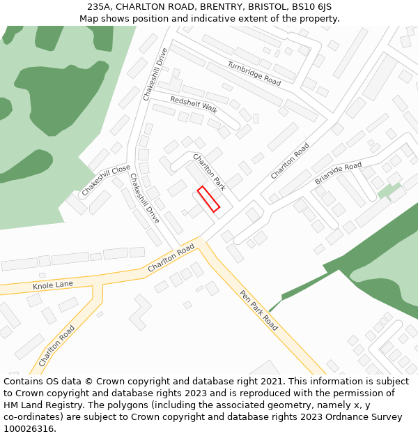 235A, CHARLTON ROAD, BRENTRY, BRISTOL, BS10 6JS: Location map and indicative extent of plot