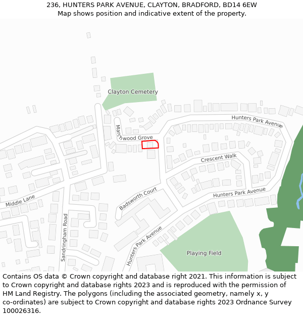 236, HUNTERS PARK AVENUE, CLAYTON, BRADFORD, BD14 6EW: Location map and indicative extent of plot