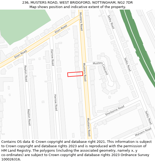 236, MUSTERS ROAD, WEST BRIDGFORD, NOTTINGHAM, NG2 7DR: Location map and indicative extent of plot
