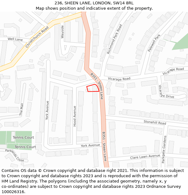 236, SHEEN LANE, LONDON, SW14 8RL: Location map and indicative extent of plot