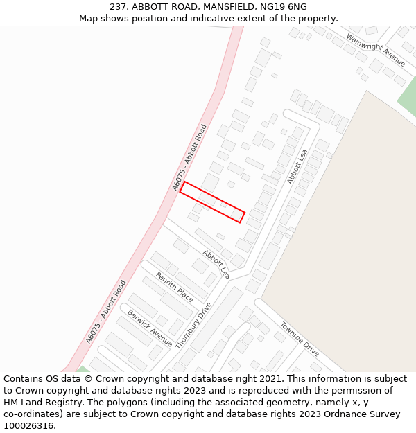 237, ABBOTT ROAD, MANSFIELD, NG19 6NG: Location map and indicative extent of plot