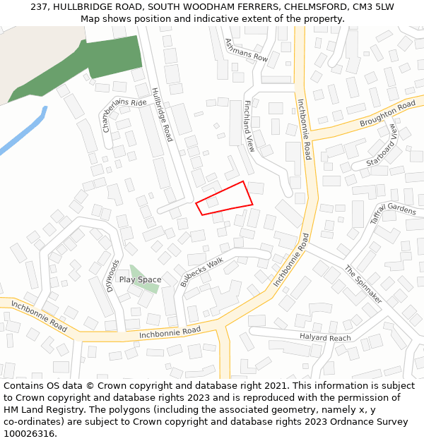 237, HULLBRIDGE ROAD, SOUTH WOODHAM FERRERS, CHELMSFORD, CM3 5LW: Location map and indicative extent of plot