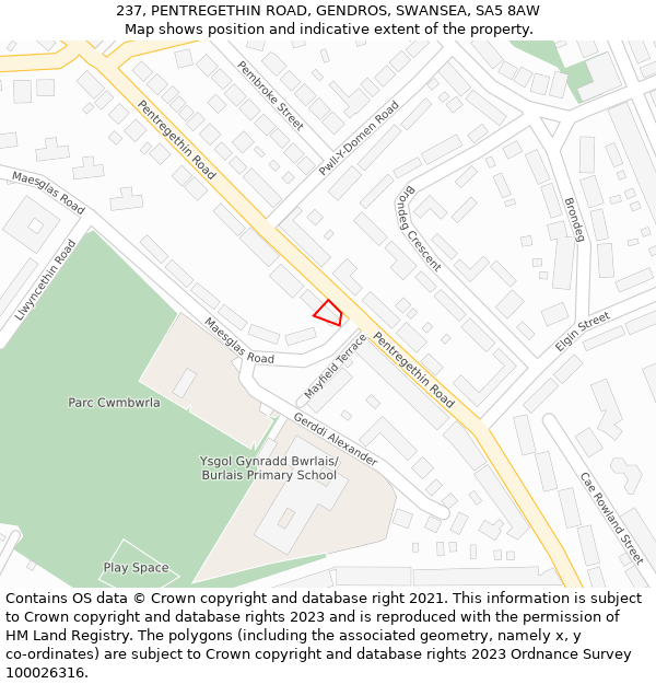 237, PENTREGETHIN ROAD, GENDROS, SWANSEA, SA5 8AW: Location map and indicative extent of plot