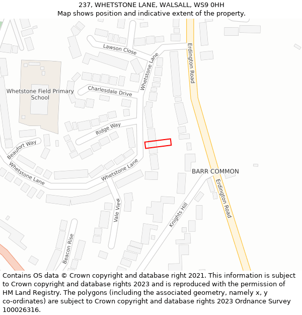 237, WHETSTONE LANE, WALSALL, WS9 0HH: Location map and indicative extent of plot