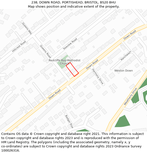 238, DOWN ROAD, PORTISHEAD, BRISTOL, BS20 8HU: Location map and indicative extent of plot