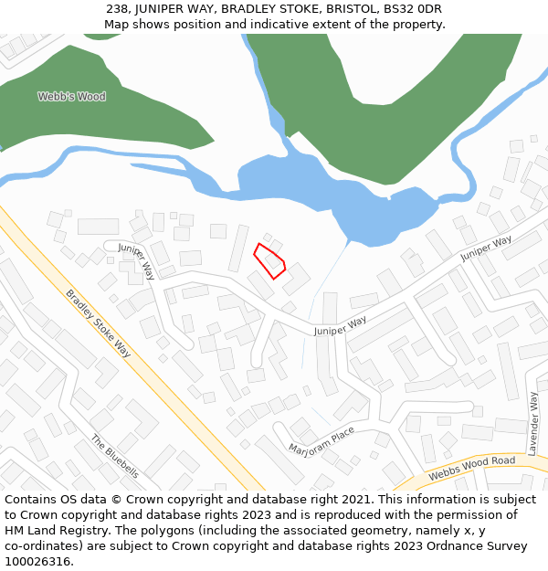 238, JUNIPER WAY, BRADLEY STOKE, BRISTOL, BS32 0DR: Location map and indicative extent of plot