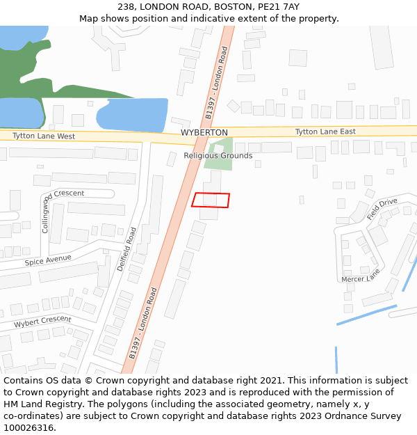238, LONDON ROAD, BOSTON, PE21 7AY: Location map and indicative extent of plot