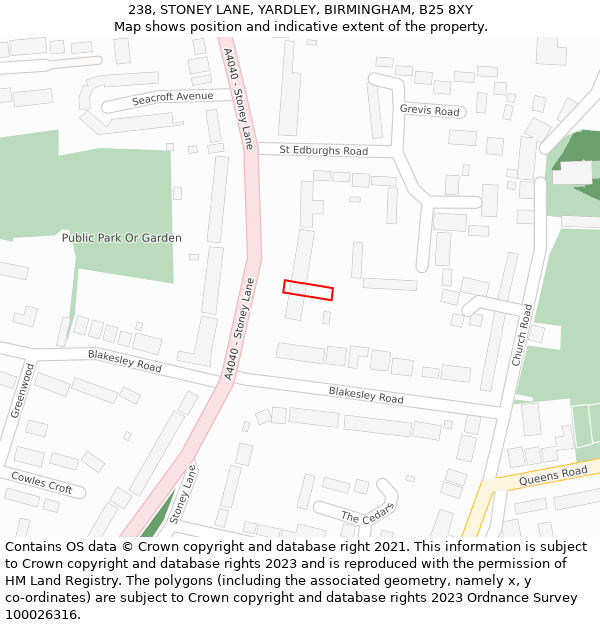 238, STONEY LANE, YARDLEY, BIRMINGHAM, B25 8XY: Location map and indicative extent of plot